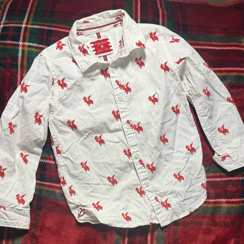 Denim & Flower White Shirt with Dabbing Red Santa Pattern Sz 5/6 Adorable!!